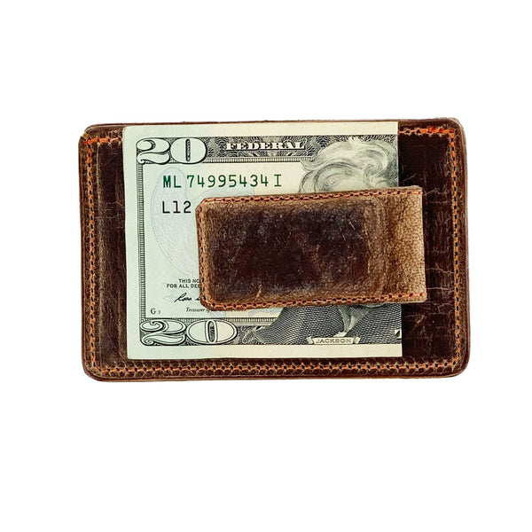 Check And Leather Money Clip Card Case