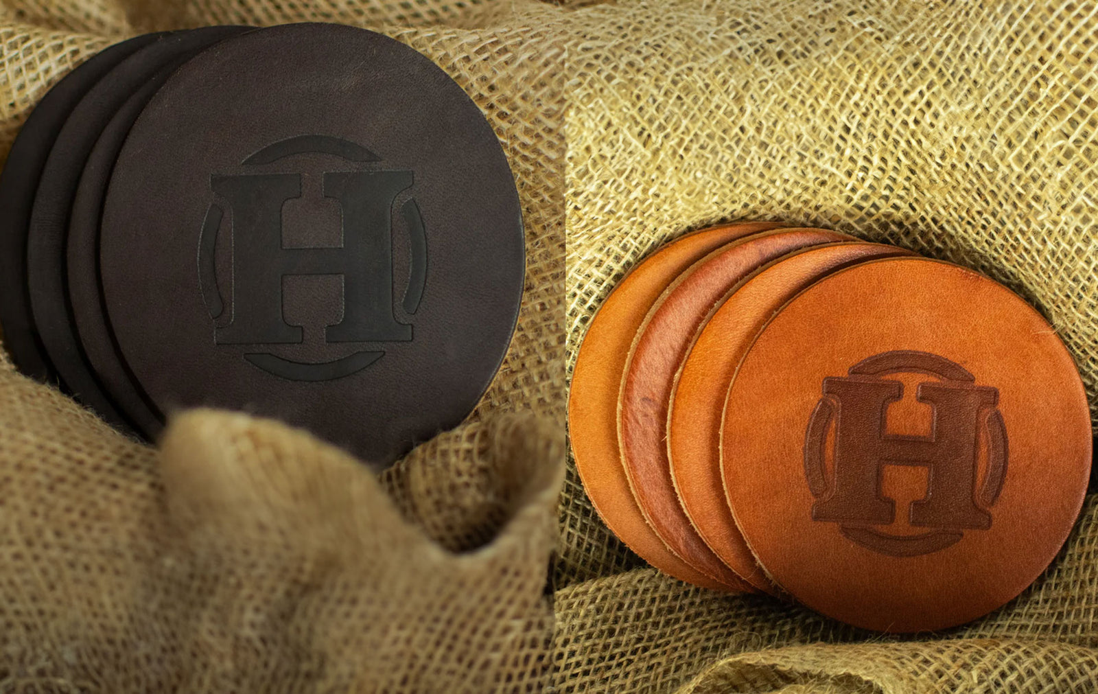 Leather coasters on burlap background