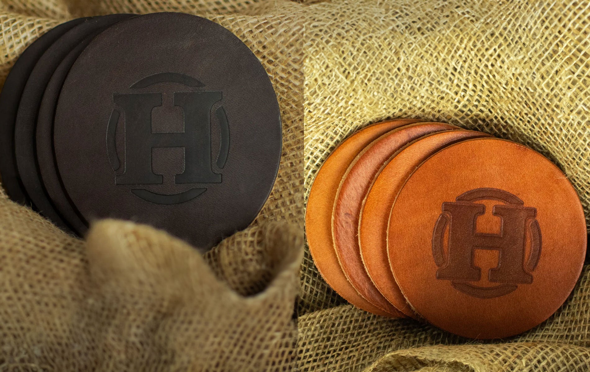 Leather coasters on burlap background