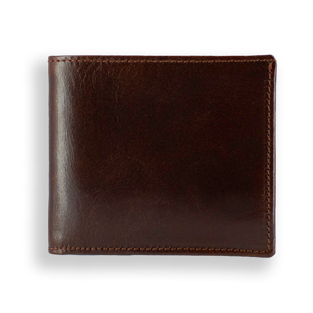 A closed, dark brown Hanks Belts Iseo Italian Hipster Bifold wallet with visible stitching along the edges is centered on a white background. The surface of this leather wallet appears smooth and slightly glossy.