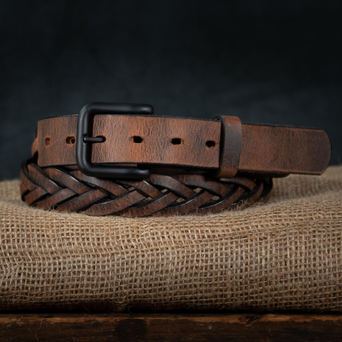 Rockford braided belt on burlap