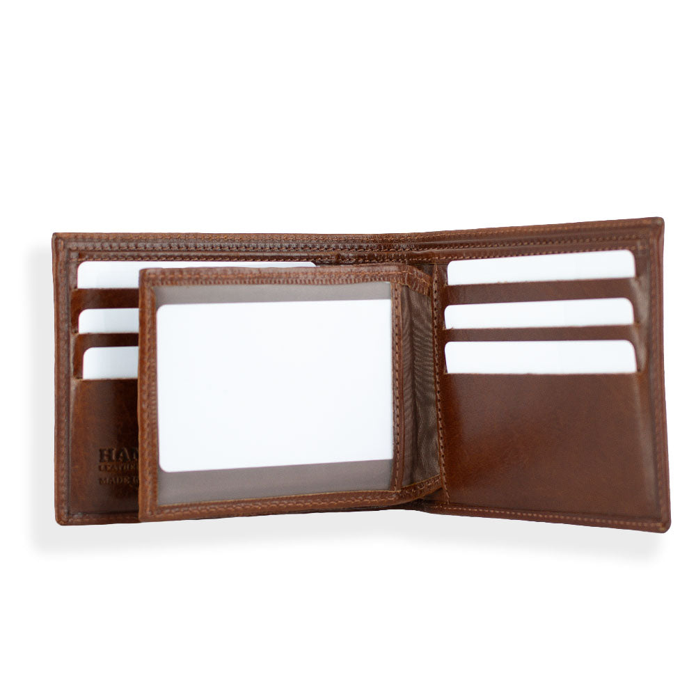 Orta bifold wallet with ID window brown open