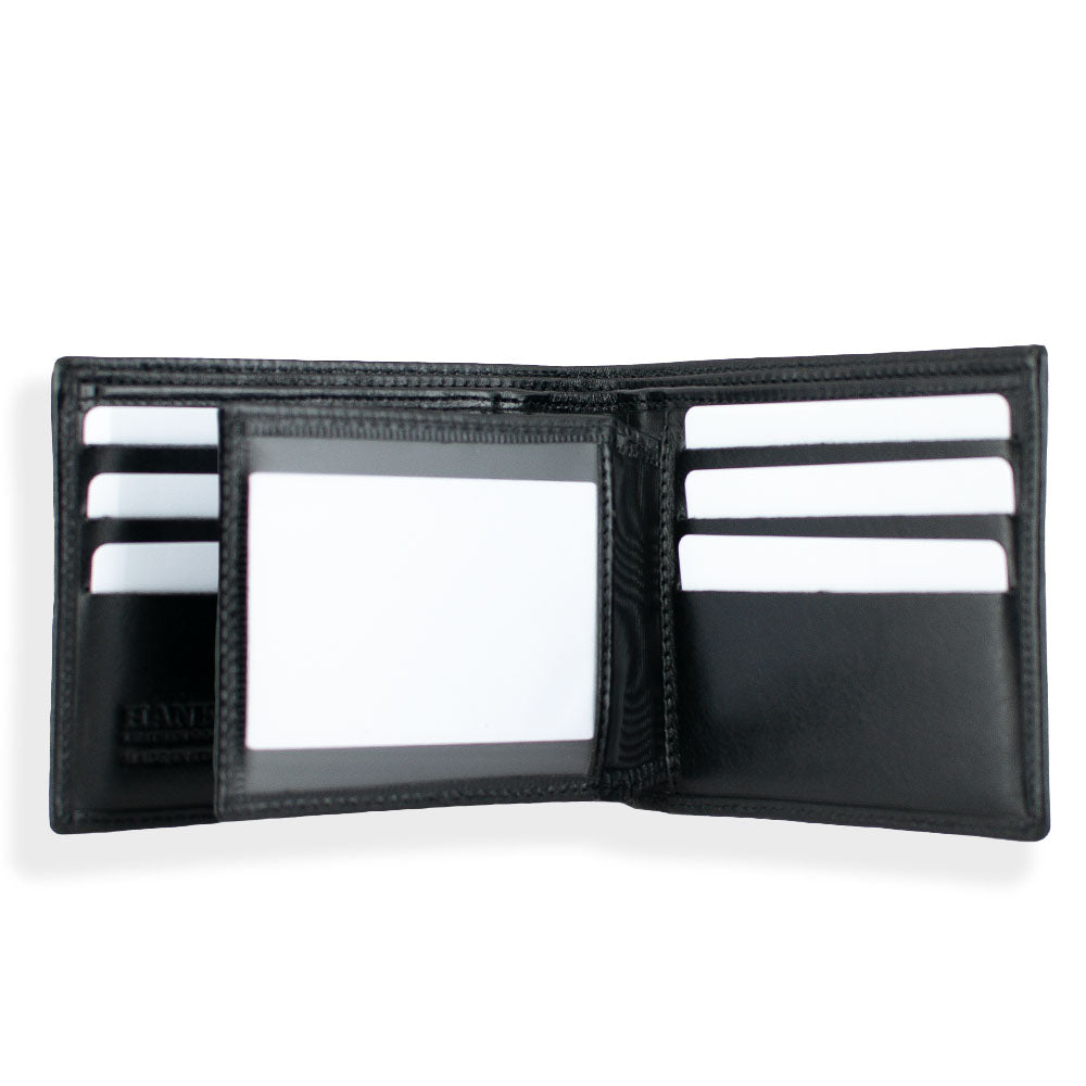 Orta bifold wallet with ID window black showing ID window open