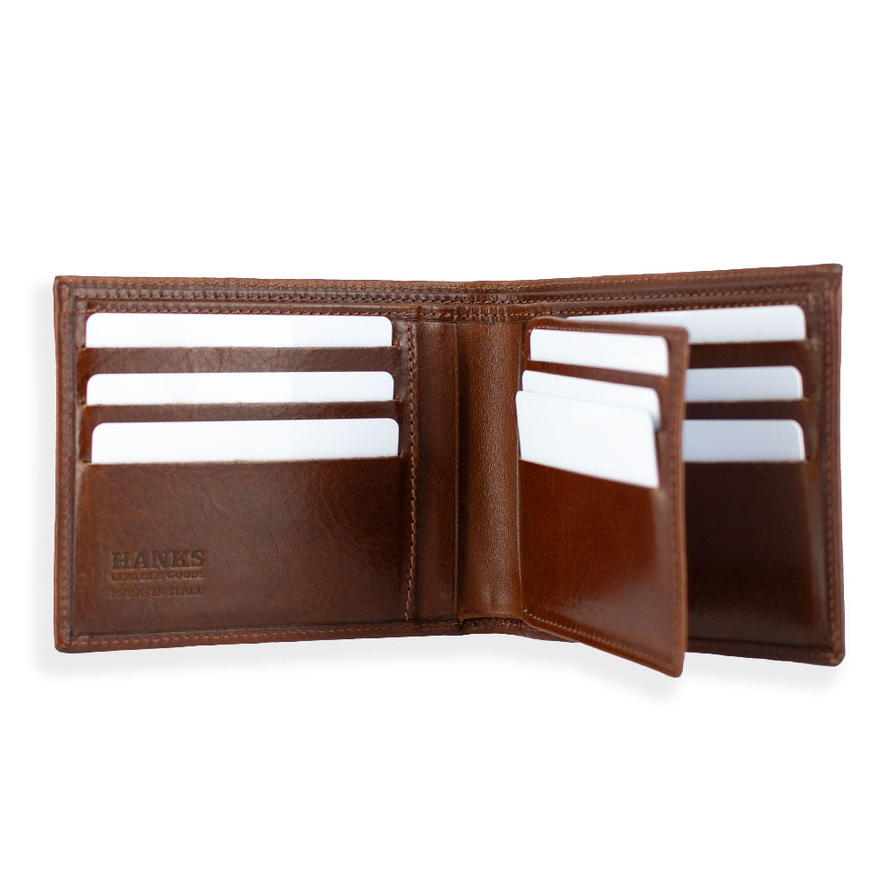 Orta bifold wallet with ID window brown showing open with ID window