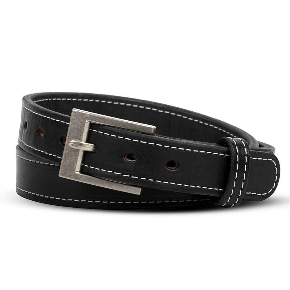 Presenting the Hanks Belts Bonnie Belt - 1.25&quot;, a black handcrafted coiled leather accessory with visible white stitching and a silver rectangular buckle. Made from full-grain leather, it includes multiple adjustment holes for a customizable fit and eye-catching style.