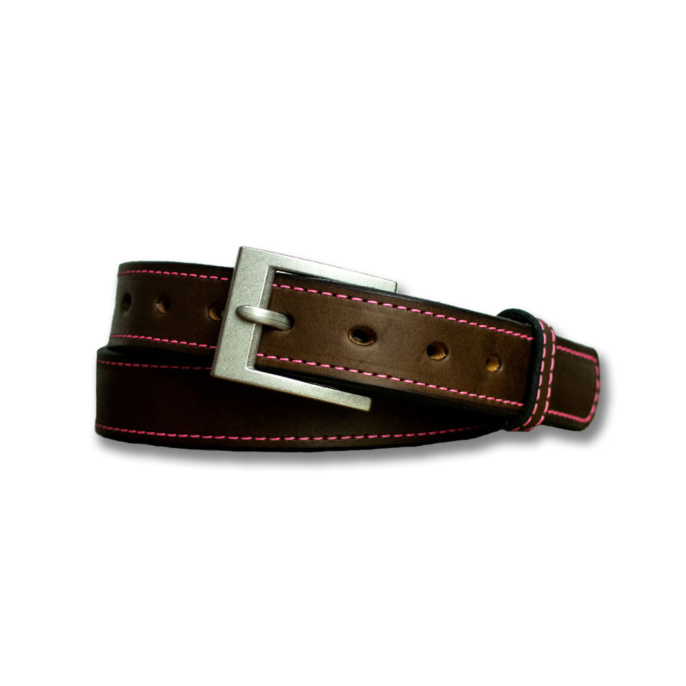 The Hanks Belts Bonnie Belt - 1.25&quot; is a coiled brown CCW belt made of full-grain vegetable-tanned leather, featuring a rectangular silver buckle, red edge stitching, and multiple holes for adjustability.