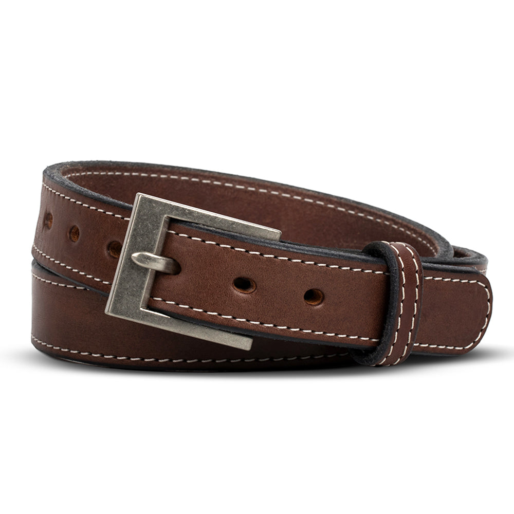 The Bonnie Belt by Hanks Belts is a coiled, 1.25&quot; brown belt made in the USA from full-grain leather, featuring white stitching, a silver rectangular buckle, and multiple adjustment holes.