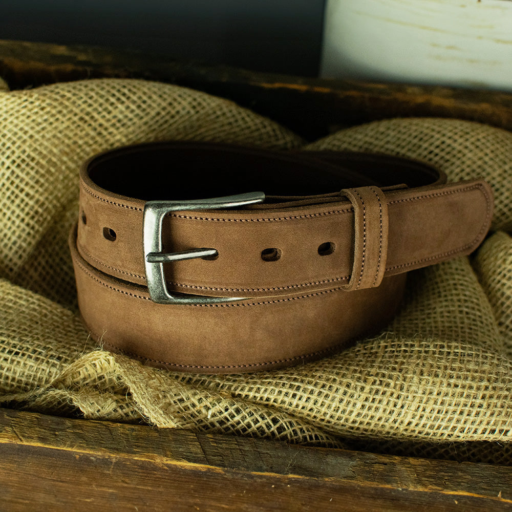 Men&#39;s Suede Belt 1.5&quot; sitting on burlap