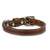 The Ollie Collar by Hanks Belts is a brown leather dog collar crafted from Premium English Bridle Leather. It features white stitching, a metal buckle, and a D-ring for leash attachment. Made in the USA, this leather collar is laid out flat, showcasing its smooth finish and exquisite craftsmanship.