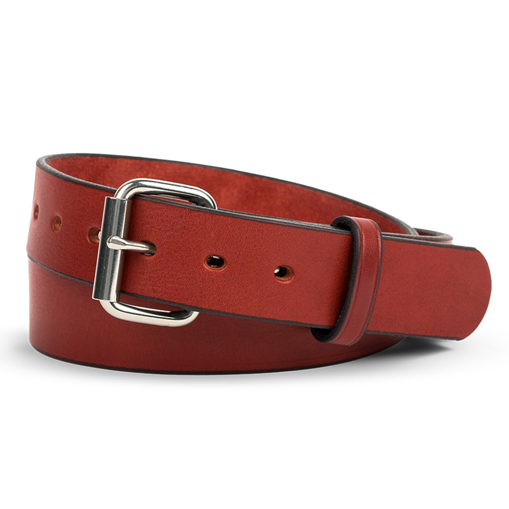 The Gunner 1.5&quot; by Hanks Belts is a stunning full-grain leather belt in rich red with a shiny nickel-free silver buckle and multiple adjustment holes, elegantly displayed against a plain white background.