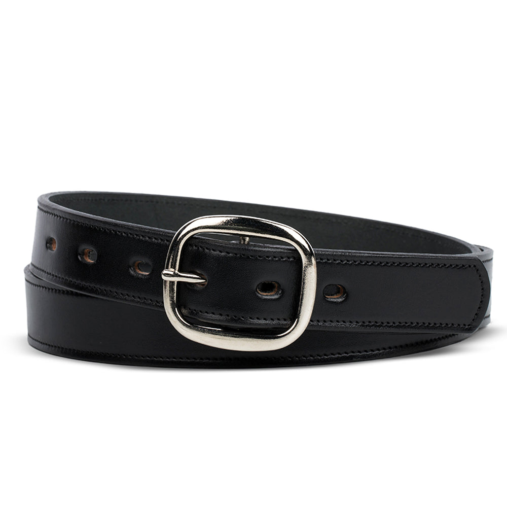 The Eloise Belt by Hanks Belts is a women&#39;s 1.25&quot; premium quality accessory made from vegetable-tanned leather, featuring a silver rectangular center bar buckle. It has adjustable holes and showcases its detailed texture and stitching in a coiled form.