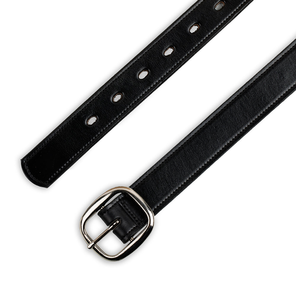 The Eloise Belt by Hanks Belts, measuring 1.25&quot;, is crafted from black vegetable-tanned leather with a sleek center bar buckle and multiple adjustment holes, elegantly displayed flat on a white background.