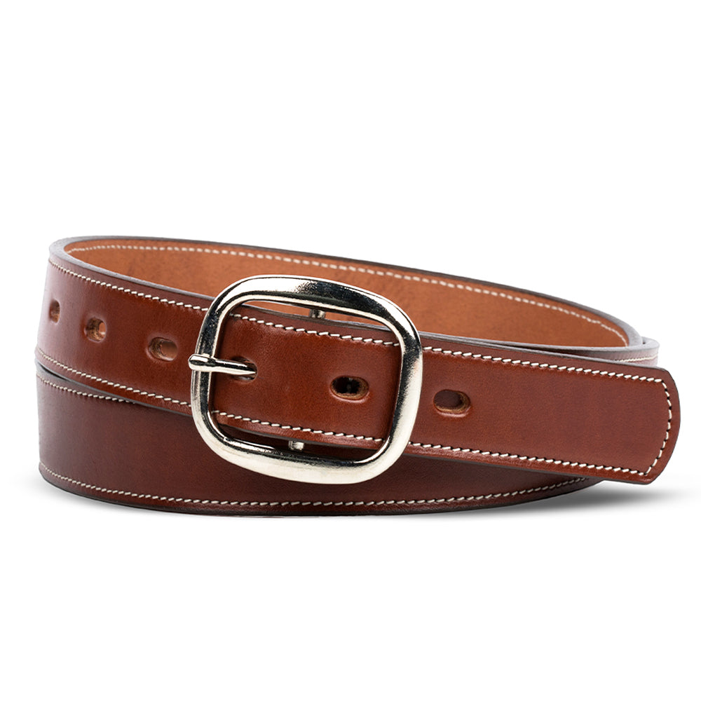 The Eloise Belt by Hanks Belts features premium brown vegetable-tanned leather, a shiny silver center bar buckle, white edge stitching, and multiple adjustment holes. Coiled in a spiral design, this women&#39;s belt is 1.25 inches wide.