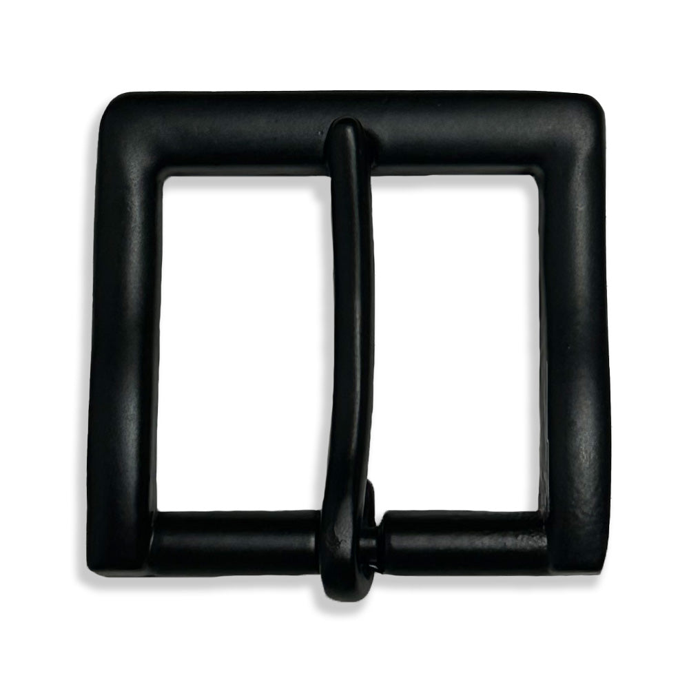 A close-up image of the Hanks Belts 1.5&quot; Matte Black #1 Buckle showcasing its USA Made, simple square frame design. The matte black metal buckle, featuring a central single prong, is ready to securely fasten a belt. Its durable powder coat finish ensures longevity and contrasts sharply against the plain white background for a striking visual.