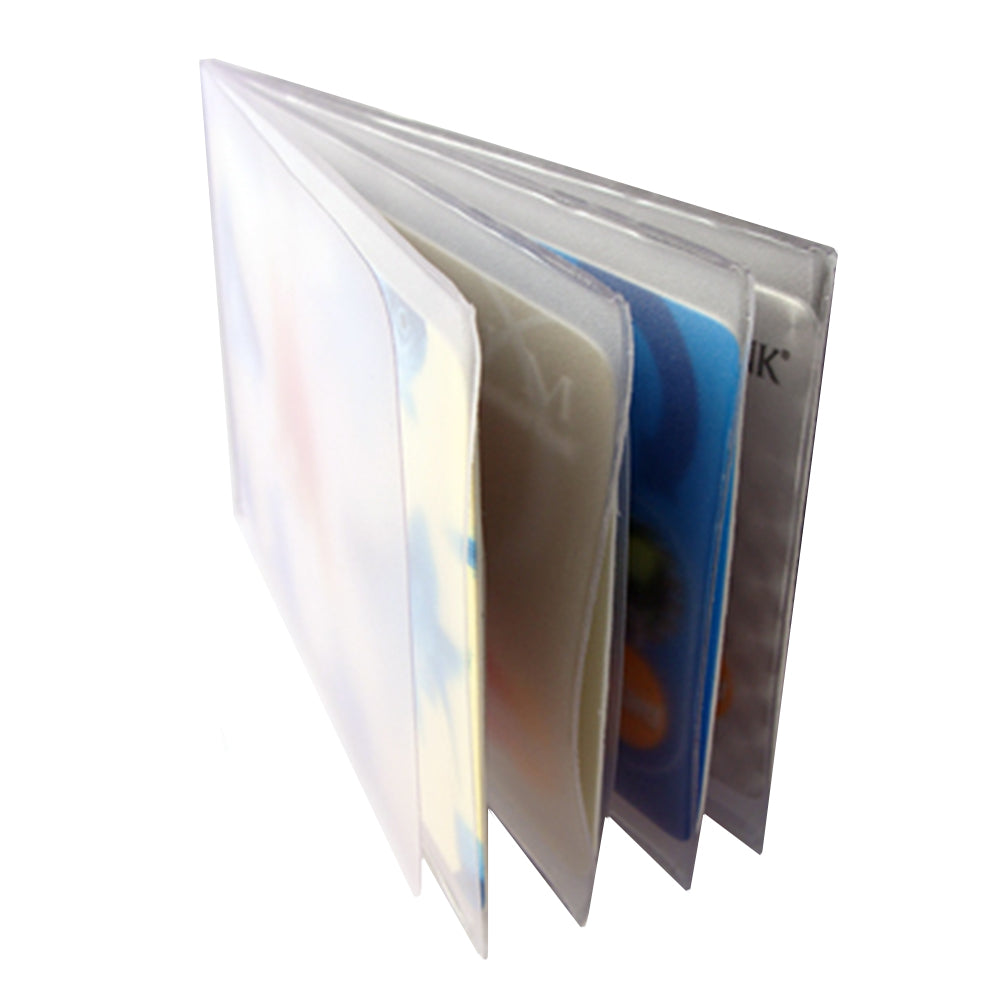 A compact Bifold 4 Window Insert by Hanks Belts opens to reveal matte pages with colorful images. The card-like objects fit perfectly, akin to a bifold wallet, featuring a simple design with CC size inserts for easy portability.