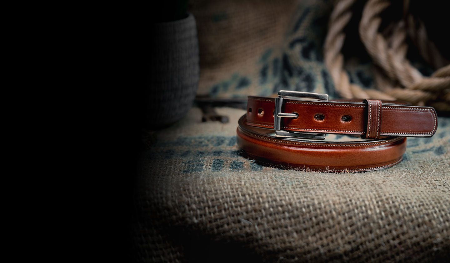 Hanks Brown Esquire belt on burlap