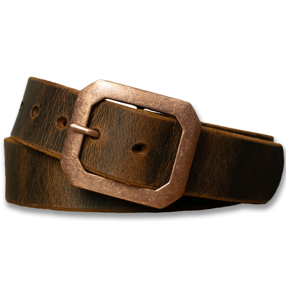 The Relic Belt - 1.5&quot; from Hanks Belts, crafted from premium Australian Water Buffalo leather, showcases a distressed brown finish for a rugged look. Coiled in a loop, it features a large octagonal buckle with an antique copper finish.