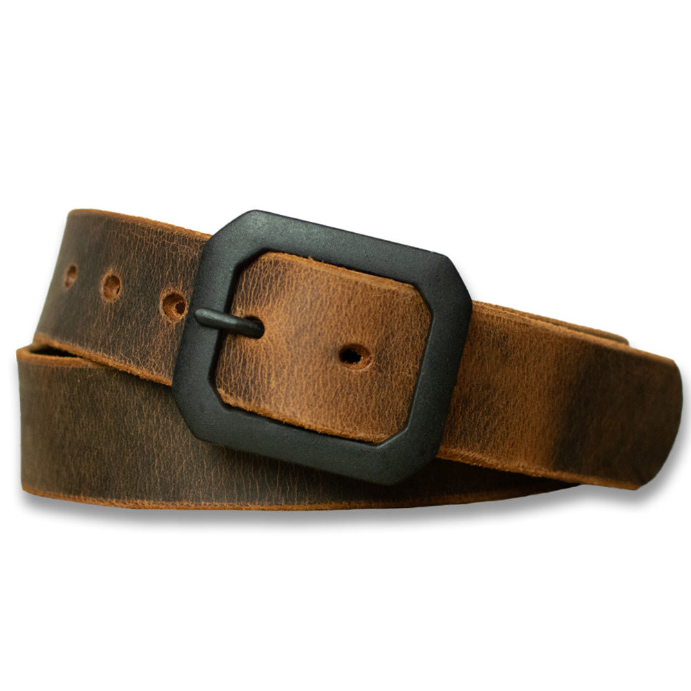 A Relic Belt from Hanks Belts, featuring an octagonal matte black buckle, is coiled. Made from Australian Water Buffalo leather, the 1.5&quot; brown belt has multiple holes for adjusting the fit and boasts a rugged, distressed appearance.