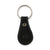 The Bell-Shaped Leather Keychain by Hanks Belts is crafted from premium black full-grain leather, designed with a teardrop contour and fitted with a durable metal keyring. Made in the USA, this keychain features a circular embossed logo near the bottom and a metal rivet at the top to securely fasten the leather loop. The visible stitching around the edges adds an extra touch of craftsmanship.