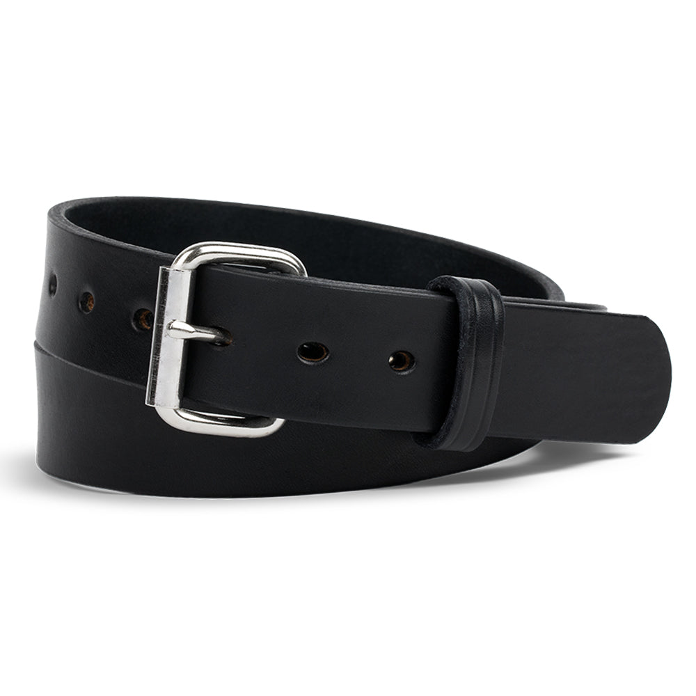 The Gunner - 1.5&quot; by Hanks Belts is a CCW belt made from full-grain steer hide, featuring a sleek black design with a silver buckle and multiple holes for easy size adjustments, all neatly rolled.