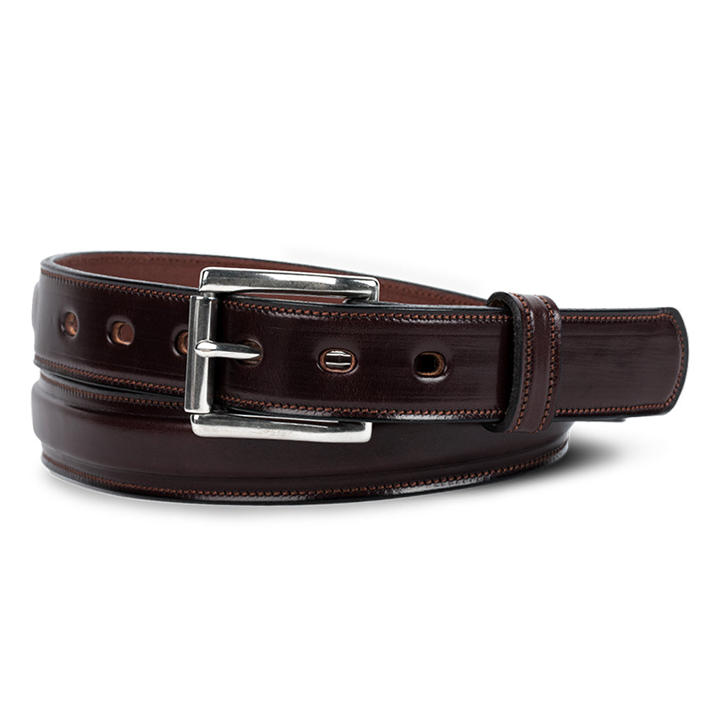 A dark brown, English Bridle leather Esquire Premium Dress Belt (1.25&quot;) by Hanks Belts features a shiny silver buckle and multiple reinforced holes stitched for strength and style.