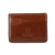 The Monroe Goatskin Card Holder by Hanks Belts is a brown leather wallet with a smooth texture, embossed with the logo and text "HANKS LEATHER GOODS" on the front. This minimalist wallet features two diagonal card slots on one side, a slim profile, and white stitching along the edges.