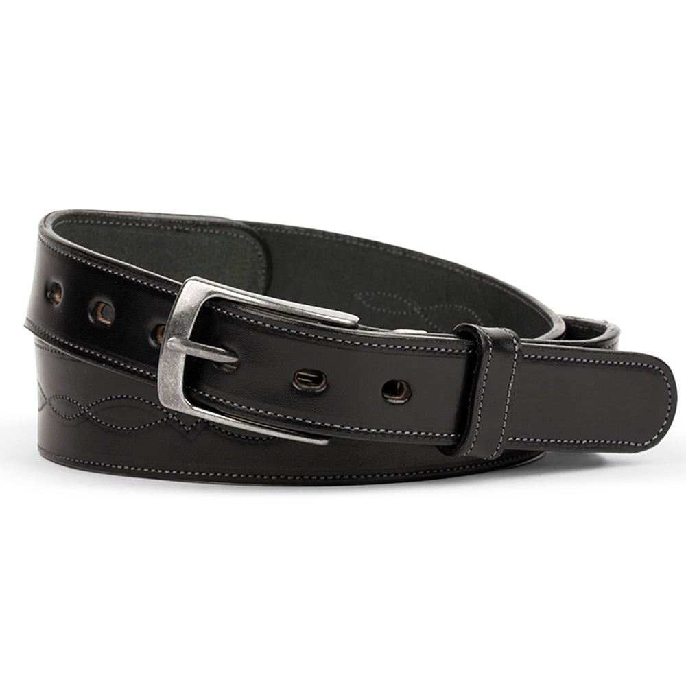 The Teton - 1.5&quot; by Hanks Belts is a rolled black leather accessory with a silver buckle, featuring visible and infinity stitching patterns. This beautifully handcrafted belt rests elegantly on a plain white background.