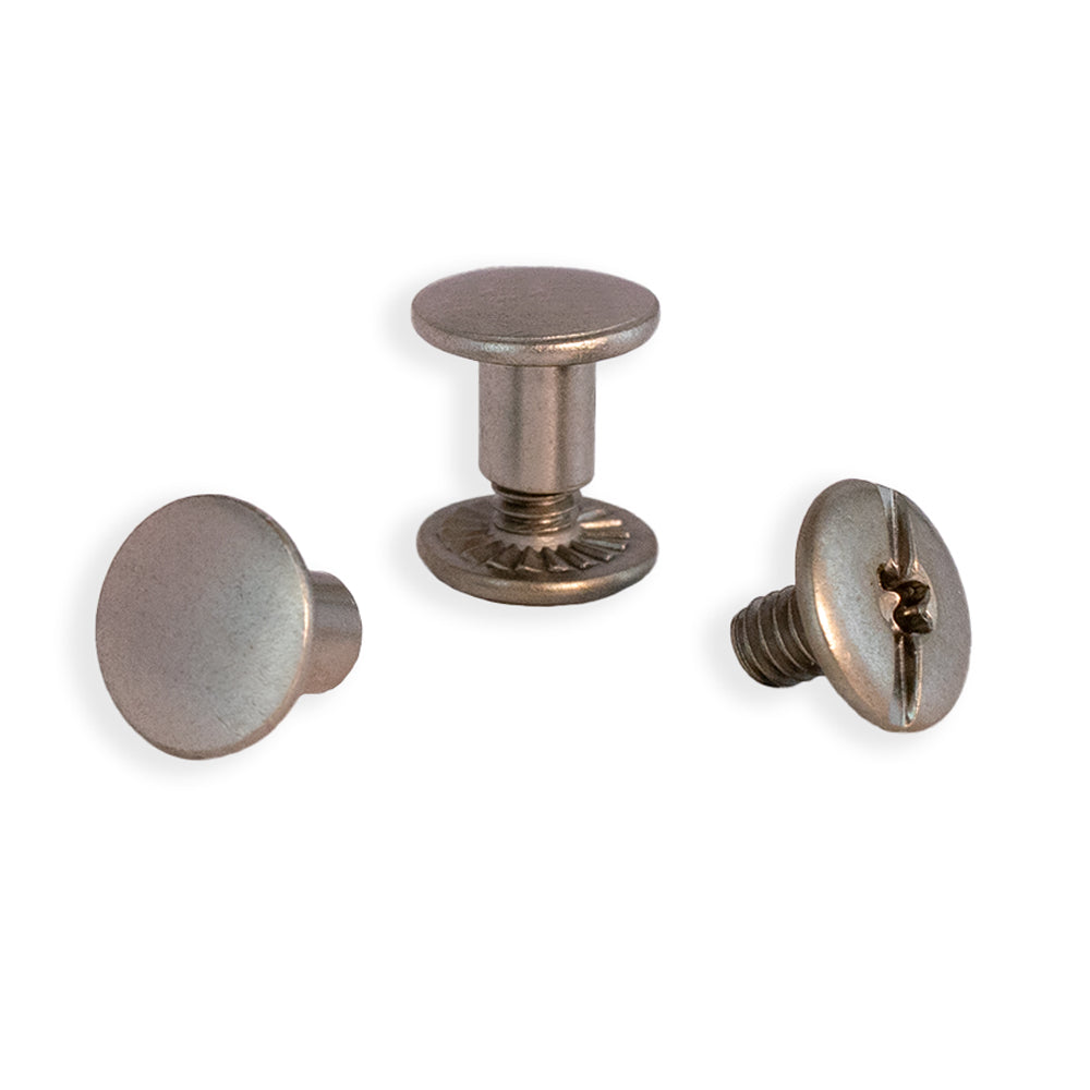 Against a white background, Hanks Belts Chicago Screws-1/4&quot;-2 Pack are showcased. One assembled screw and two separate pieces, a smooth cap and threaded post, highlight their ideal use in securing heavy-duty belts like Hanks CCW Gun Belts.