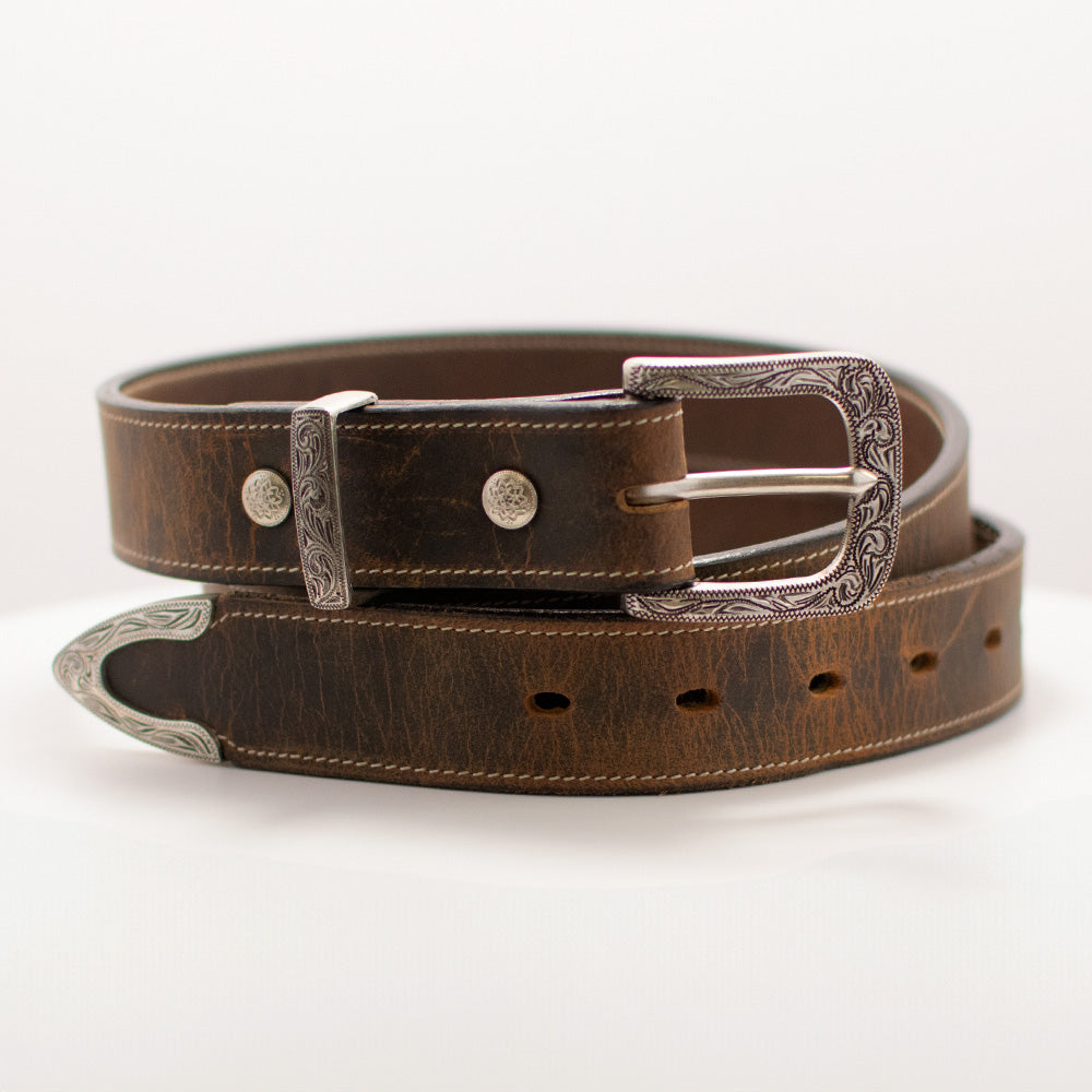 1.25" Brown Leather Belt with Buckle Set Hero Image