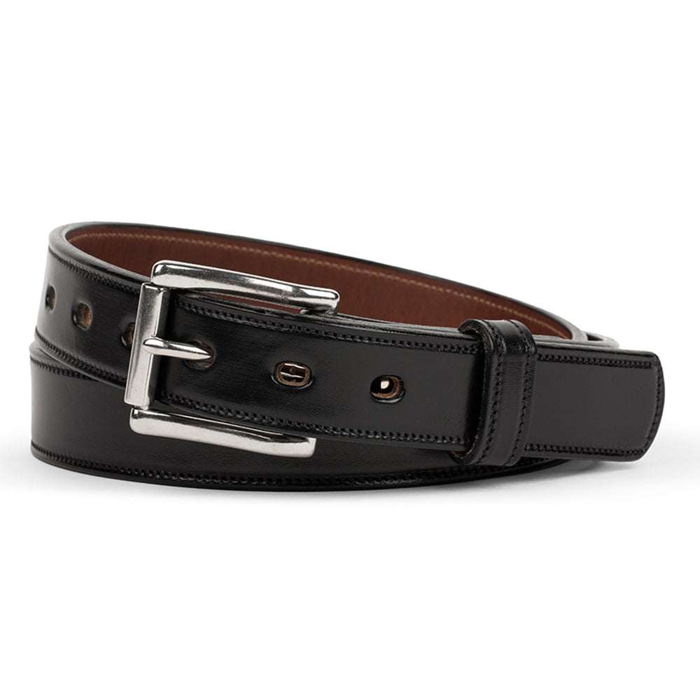 The Highland - 1.25&quot; by Hanks Belts is crafted from English Bridle Leather with a shiny silver buckle and black exterior. It features multiple holes, a smooth texture, and a contrasting brown inner lining.