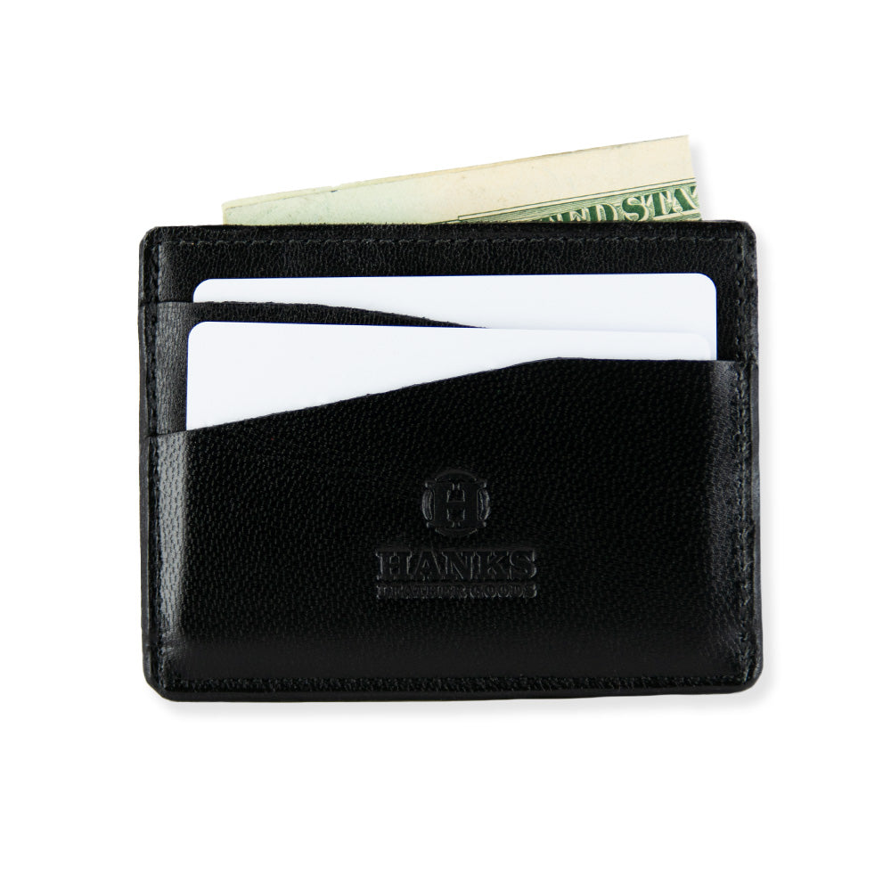 Hanks Monroe Goatskin Cardholder in Black front with cash and cards inserted