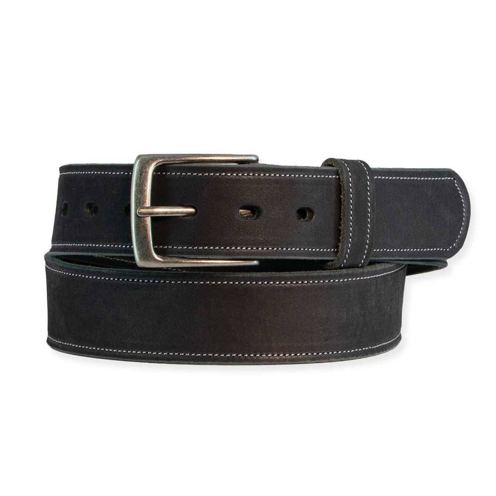 The Suede Belt - 1.5&quot; by Hanks Belts is a black nubuck leather belt featuring a matte finish, white edge stitching, a silver rectangular buckle, and multiple adjustment holes. Proudly made in the USA, it blends style with craftsmanship.