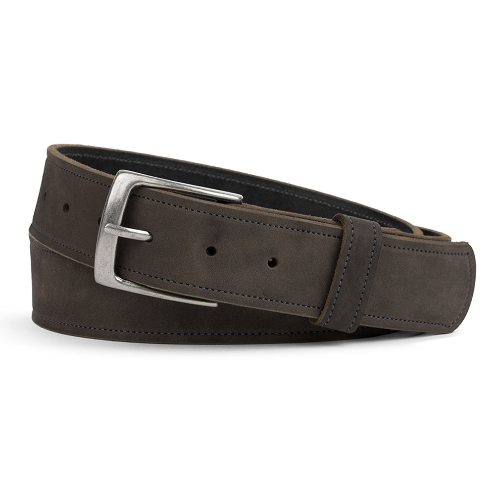 The Suede Belt - 1.5&quot; by Hanks Belts is a USA-made, coiled dark brown leather accessory featuring a matte finish, silver buckle, multiple adjustable holes, visible edge stitching, and a sleek modern design.