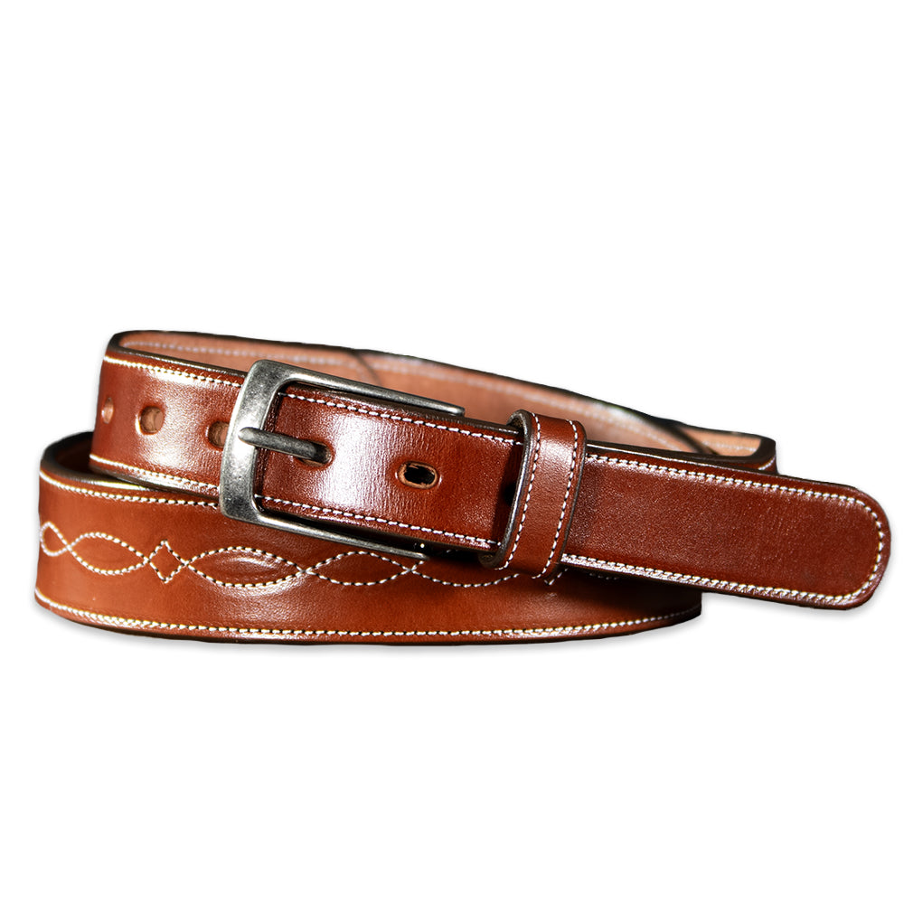 A coiled Oak Hanks Belts&#39; &quot;The Teton - 1.5&quot;&quot; belt with a silver buckle and decorative infinity stitching lies on a white background.