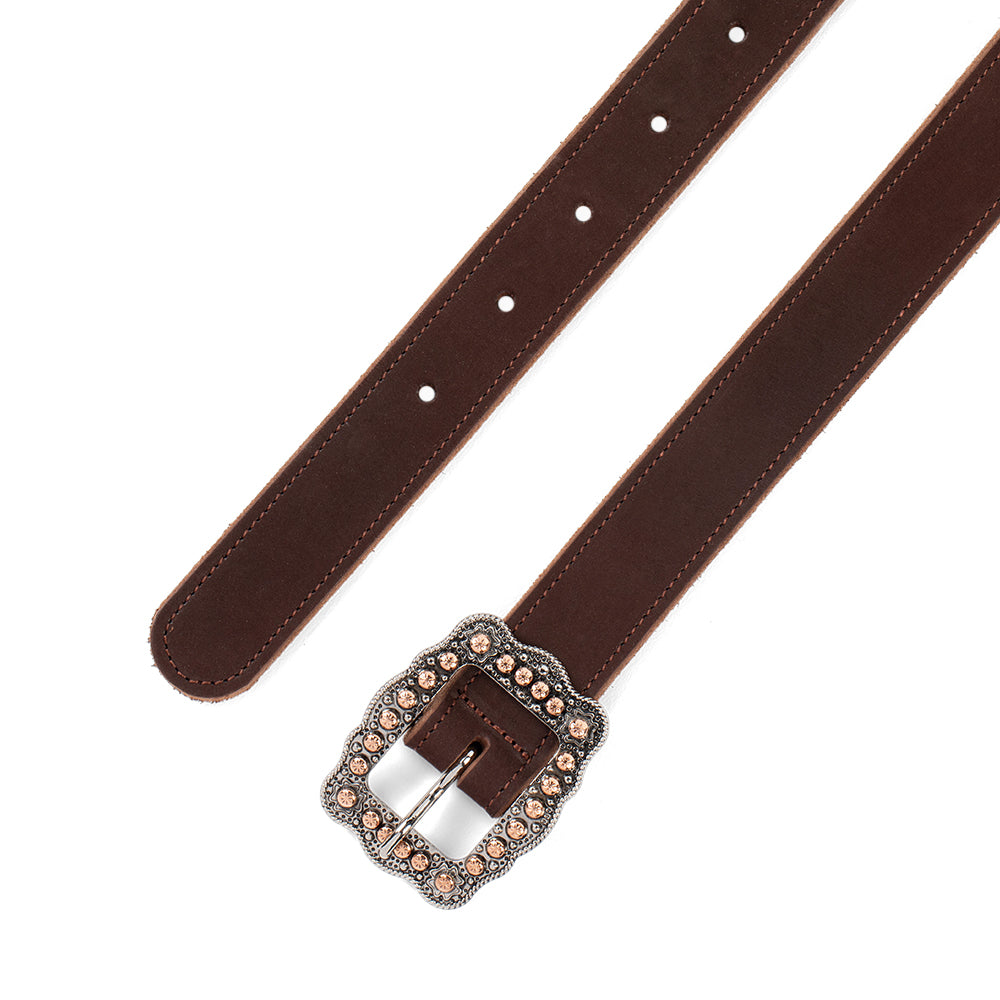 The Lennon Belt - 1" from Hanks Belts is a Western-style accessory made of dark chocolate suede nubuck leather, featuring decorative holes, ornate designs, and small studs on a rectangular copper buckle. It is displayed coiled on a plain white background.