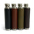 Four cylindrical Leather Covered Flasks by Hanks Belts are lined up. Each flask is wrapped in USA-tanned leather in various colors: black, brown, olive green, and dark brown. The flasks feature knurled metal screw caps and are evenly spaced on a white background.