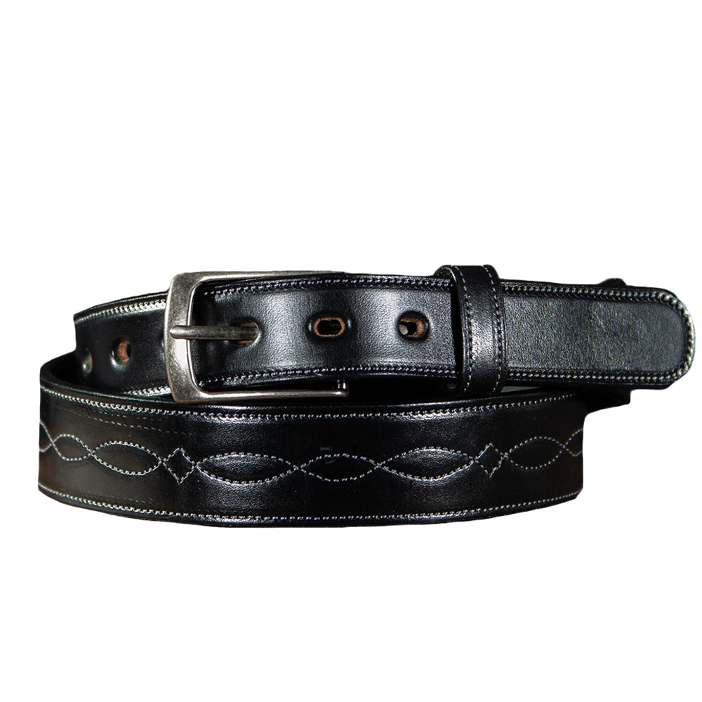 The Teton - 1.5&quot; by Hanks Belts is a handcrafted masterpiece with an infinity stitch pattern and a sleek silver buckle, elegantly coiled black leather.