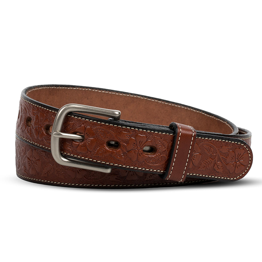 The Floral Belt - 1.25&quot; by Hanks Belts is a stylish full-grain leather accessory with an embossed floral design, a silver buckle, and white edge stitching.