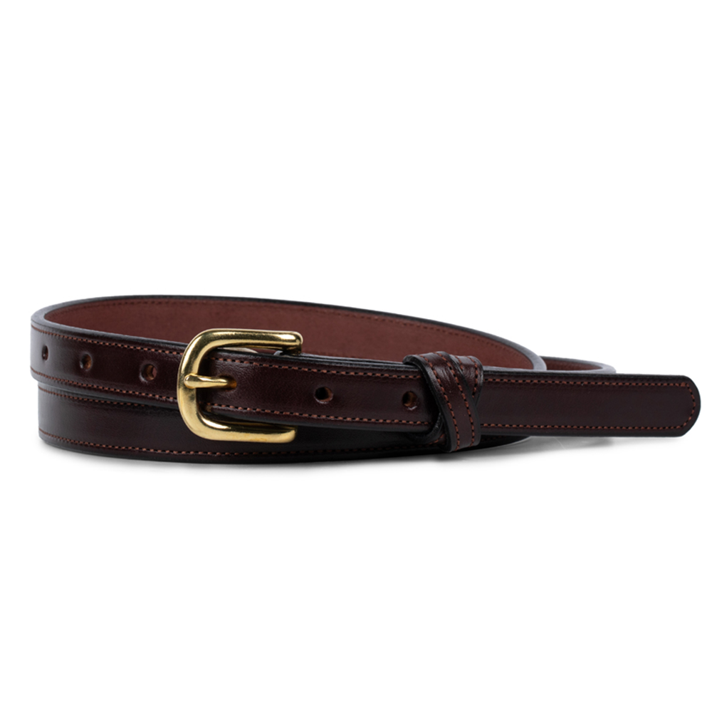 The Hanks Belts Dixie Belt - .75&quot; is made from Premium English Bridle Leather in dark brown, featuring a shiny gold buckle. This classic accessory highlights American craftsmanship with detailed edge stitching and multiple adjustment holes for an elegant appearance in Havana Color.